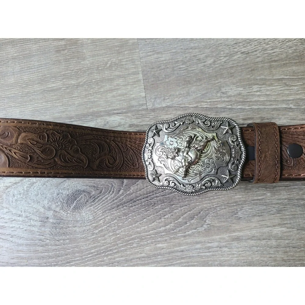 Nocona Embossed Floral Brown Leather Belt Silver Rodeo Bull Rider Stamped Buckle - Picture 5 of 9